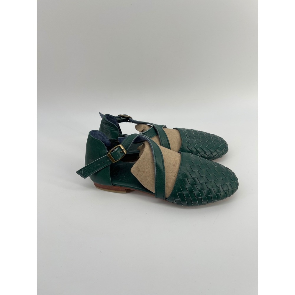 Bali Elf Green Leather Woven Toe Crisscross Ankle Strap Flats Shoes Womens 8.5